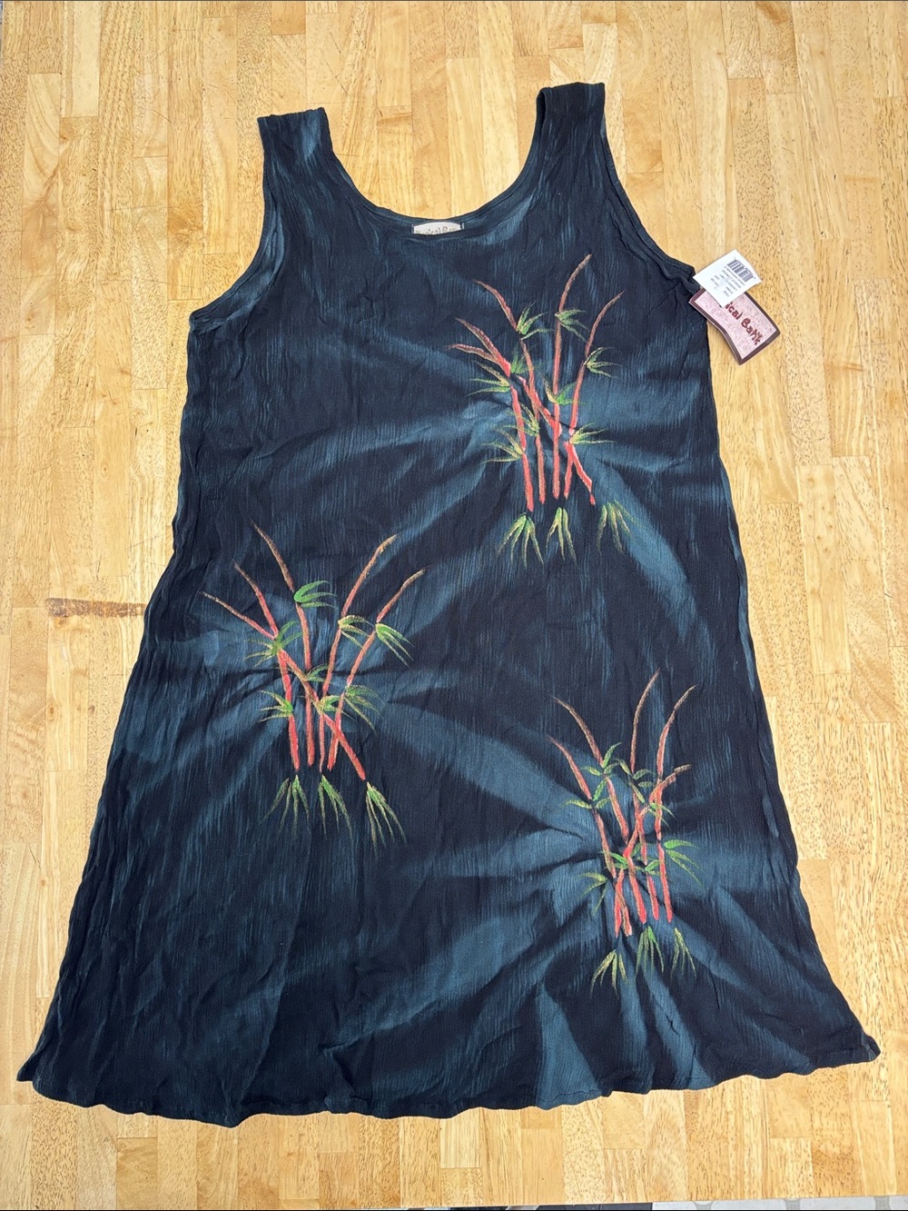 NWT VTG Tropical Batik Hand Painted Bamboo Tank Dress Sleeveless Crinkle Gauze